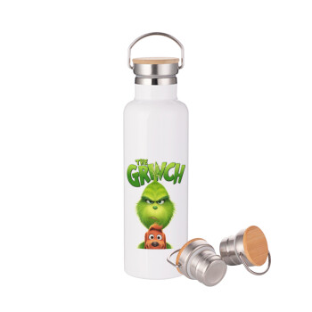 mr grinch, Μεταλλικό παγούρι θερμός (Stainless steel) Λευκό με ξύλινο καπάκι (bamboo), διπλού τοιχώματος, 750ml