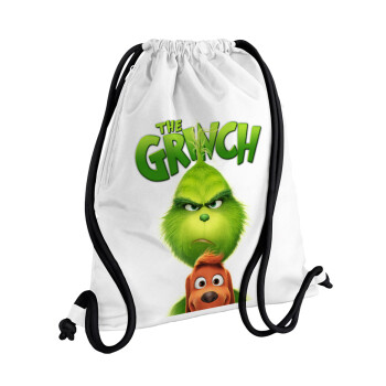 mr grinch, Τσάντα πλάτης πουγκί GYMBAG λευκή, με τσέπη (40x48cm) & χονδρά κορδόνια