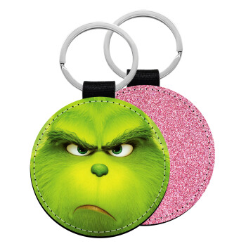 mr grinch, Μπρελόκ Δερματίνη, στρογγυλό ΡΟΖ (5cm)