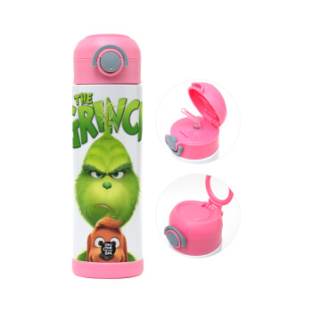 mr grinch, Children's hot water bottle, stainless steel, with safety straw, PINK (500ml)