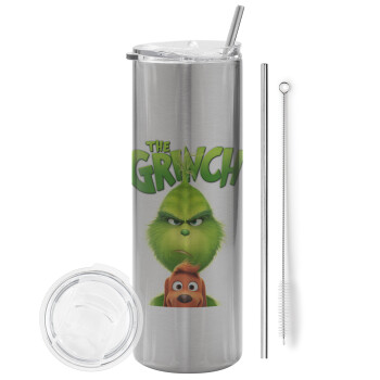 mr grinch, Eco friendly stainless steel Silver tumbler 600ml, with metal straw & cleaning brush