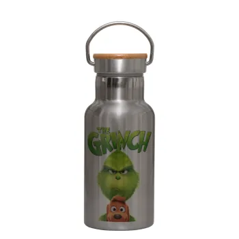 mr grinch, Stainless steel metallic thermos flask, silver with a bamboo lid, double-walled, 350ml.