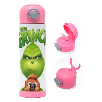 mr grinch, Children's hot water bottle, stainless steel, with safety straw, PINK (500ml)