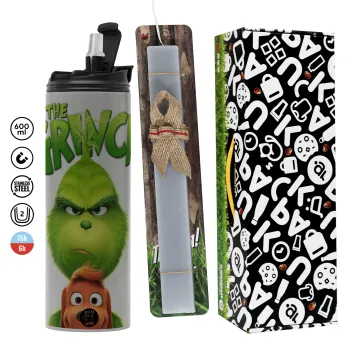 mr grinch, Πασχαλινή Λαμπάδα με Travel Tumbler θερμό (600ml, BPA free) & κερί αρωματικό πλακέ (30cm) (ΓΚΡΙ)