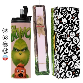 mr grinch, Πασχαλινή Λαμπάδα με  ΡΟΖ Travel Tumbler θερμό (600ml, BPA free) & κερί αρωματικό πλακέ (30cm) (ΡΟΖ)