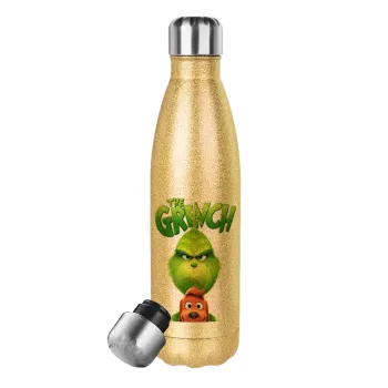 mr grinch, Μεταλλικό παγούρι θερμός Glitter χρυσό (Stainless steel), διπλού τοιχώματος, 500ml