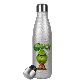 mr grinch, Μεταλλικό παγούρι θερμός Glitter Aσημένιο (Stainless steel), διπλού τοιχώματος, 500ml
