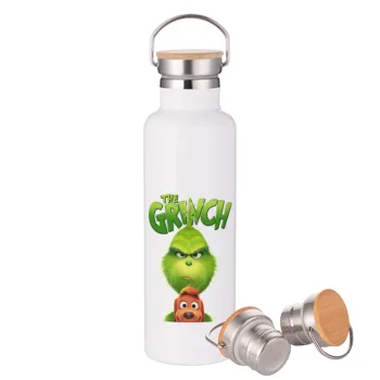 mr grinch, Stainless steel White with wooden lid (bamboo), double wall, 750ml