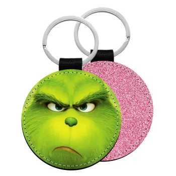 mr grinch, Μπρελόκ Δερματίνη, στρογγυλό ΡΟΖ (5cm)