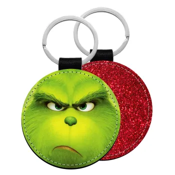 mr grinch, Μπρελόκ Δερματίνη, στρογγυλό ΚΟΚΚΙΝΟ (5cm)