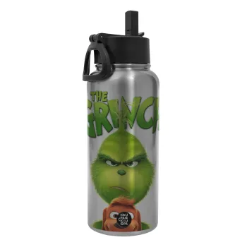 mr grinch, Metal mug thermo Silver with Straw and Spout Lid (Stainless steel), double wall, 950ml