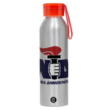 Νέα δημοκρατία κλασική, Αλουμινένιο Αθλητικό Μπουκάλι 650ml – Ασημί με Κόκκινο Καπάκι και Λουράκι Σιλικόνης
