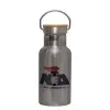 Stainless steel metallic thermos flask, silver with a bamboo lid, double-walled, 350ml.