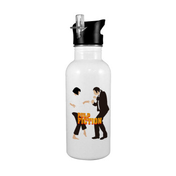 Pulp Fiction dancing, White water bottle with straw, stainless steel 600ml