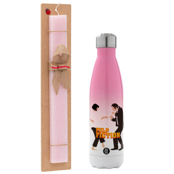 Pulp Fiction dancing, Easter Set, Metallic pink/white (Stainless steel) thermos, double-walled, 500ml & aromatic flat Easter candle (30cm) (PINK)