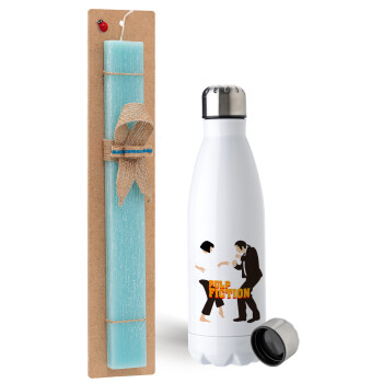 Pulp Fiction dancing, Easter Set, metallic stainless steel water bottle (750ml) & aromatic flat Easter candle (30cm) (TURQUOISE)