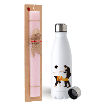 Pulp Fiction dancing, Easter Set, metallic stainless steel water bottle (750ml) & scented flat Easter candle (30cm) (PINK)