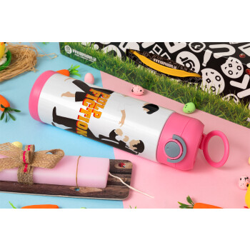 Pulp Fiction dancing, Πασχαλινή Λαμπάδα με Παιδικό παγούρι θερμό, ανοξείδωτο, με καλαμάκι ασφαλείας, ΡΟΖ (500ml)