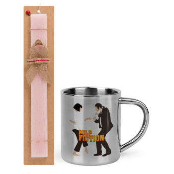 Pulp Fiction dancing, Easter Set, metallic thermal cup (300ml) & aromatic flat Easter candle (30cm) (PINK)