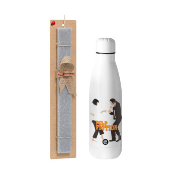 Pulp Fiction dancing, Easter Set, metallic stainless thermos bottle (500ml) & scented flat Easter candle (30cm) (GRAY)
