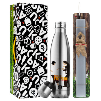 Pulp Fiction dancing, Easter Set, metallic stainless thermos flask (500ml) & scented flat Easter candle (30cm) (GRAY)