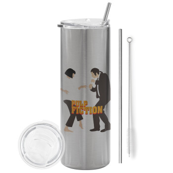 Pulp Fiction dancing, Eco friendly stainless steel Silver tumbler 600ml, with metal straw & cleaning brush