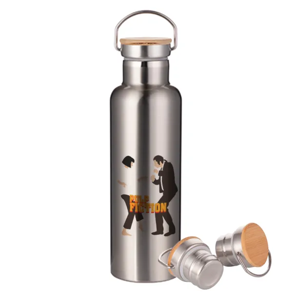 Pulp Fiction dancing — Μεταλλικό παγούρι θερμός (Stainless steel) Ασημένιο με ξύλινο καπακι (bamboo), διπλού τοιχώματος, 750ml