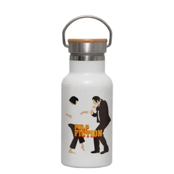 Pulp Fiction dancing, Metallic thermos (Stainless steel) White with wooden lid (bamboo), double-walled, 350ml