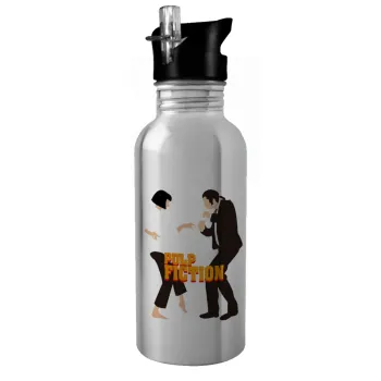 Pulp Fiction dancing, Water bottle Silver with straw, stainless steel 600ml