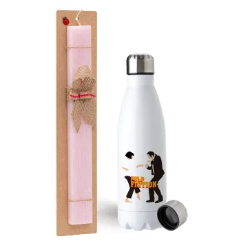 Pulp Fiction dancing, Easter Set, metallic stainless steel water bottle (750ml) & scented flat Easter candle (30cm) (PINK)