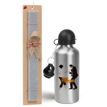 Pulp Fiction dancing, Easter Set, metallic silver aluminum water bottle (500ml) & aromatic flat Easter candle (30cm) (GRAY)