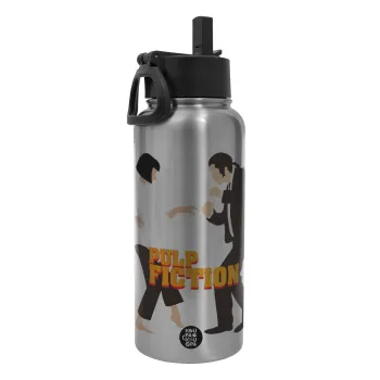 Pulp Fiction dancing, Metal mug thermo Silver with Straw and Spout Lid (Stainless steel), double wall, 950ml
