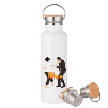 Pulp Fiction dancing, Stainless steel White with wooden lid (bamboo), double wall, 750ml