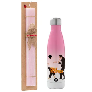 Pulp Fiction dancing, Easter Set, Metallic pink/white (Stainless steel) thermos, double-walled, 500ml & aromatic flat Easter candle (30cm) (PINK)