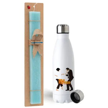 Pulp Fiction dancing, Easter Set, metallic stainless steel water bottle (750ml) & aromatic flat Easter candle (30cm) (TURQUOISE)