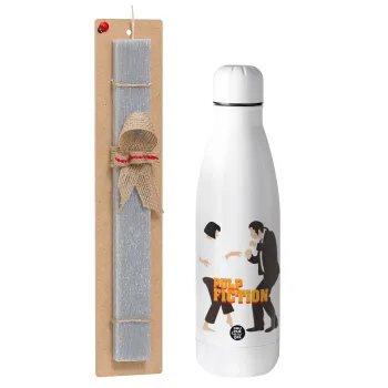 Pulp Fiction dancing, Πασχαλινή Λαμπάδα με μεταλλικό παγούρι θερμός ανοξείδωτο (500ml) & κερί αρωματικό πλακέ (30cm) (ΓΚΡΙ)