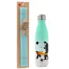 Easter Set, Metallic green/white thermos (Stainless steel), double-walled, 500ml & scented flat Easter candle (30cm) (TURQUOISE)