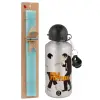 Easter Set, metallic silver aluminum water bottle (500ml) & scented flat Easter candle (30cm) (TURQUOISE)