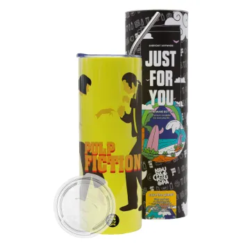 Pulp Fiction dancing, Neon Yellow Travel Tumbler θερμό, μεταλλικό καλαμάκι(Ανωξείδωτο 304 Food grade, BPA free, 600ml)