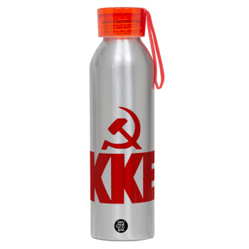 ΚΚΕ, Αλουμινένιο Αθλητικό Μπουκάλι 650ml – Ασημί με Κόκκινο Καπάκι και Λουράκι Σιλικόνης