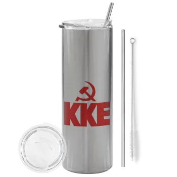 ΚΚΕ, Tumbler ποτήρι θερμό Ασημένιο από ανοξείδωτο ατσάλι 600ml, με μεταλλικό καλαμάκι & βούρτσα καθαρισμού