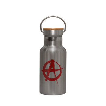 Anarchy, Stainless steel metallic thermos flask, silver with a bamboo lid, double-walled, 350ml.