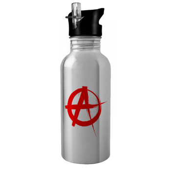 Anarchy, Water bottle Silver with straw, stainless steel 600ml