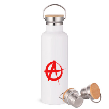 Anarchy, Μεταλλικό παγούρι θερμός (Stainless steel) Λευκό με ξύλινο καπάκι (bamboo), διπλού τοιχώματος, 750ml