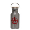 Stainless steel metallic thermos flask, silver with a bamboo lid, double-walled, 350ml.