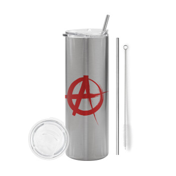 Anarchy, Eco friendly ποτήρι θερμό Ασημένιο (tumbler) από ανοξείδωτο ατσάλι 600ml, με μεταλλικό καλαμάκι & βούρτσα καθαρισμού