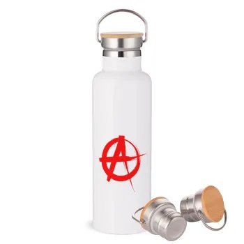 Anarchy, Μεταλλικό παγούρι θερμός (Stainless steel) Λευκό με ξύλινο καπάκι (bamboo), διπλού τοιχώματος, 750ml