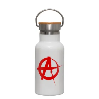 Anarchy, Μεταλλικό παγούρι θερμός (Stainless steel) Λευκό με ξύλινο καπακι (bamboo), διπλού τοιχώματος, 350ml