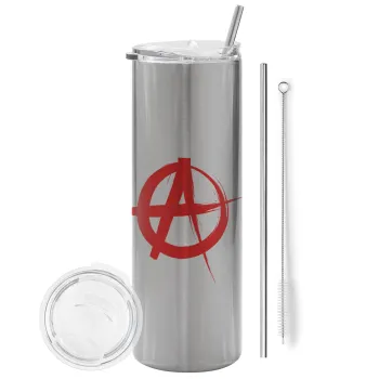 Anarchy, Tumbler ποτήρι θερμό Ασημένιο από ανοξείδωτο ατσάλι 600ml, με μεταλλικό καλαμάκι & βούρτσα καθαρισμού