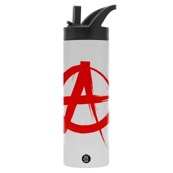 Anarchy, Metallic thermos bottle with straw & handle, stainless steel (Stainless steel 304), double-walled, 600ml.